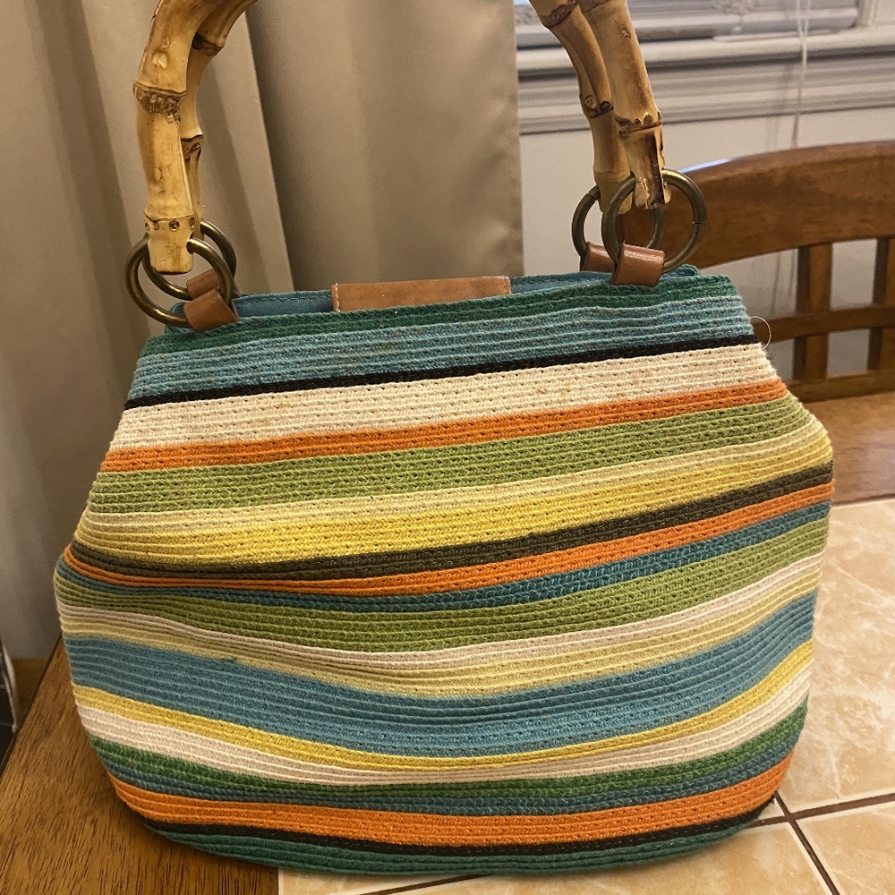 Striped Multicolor Handbag with Bamboo Handles